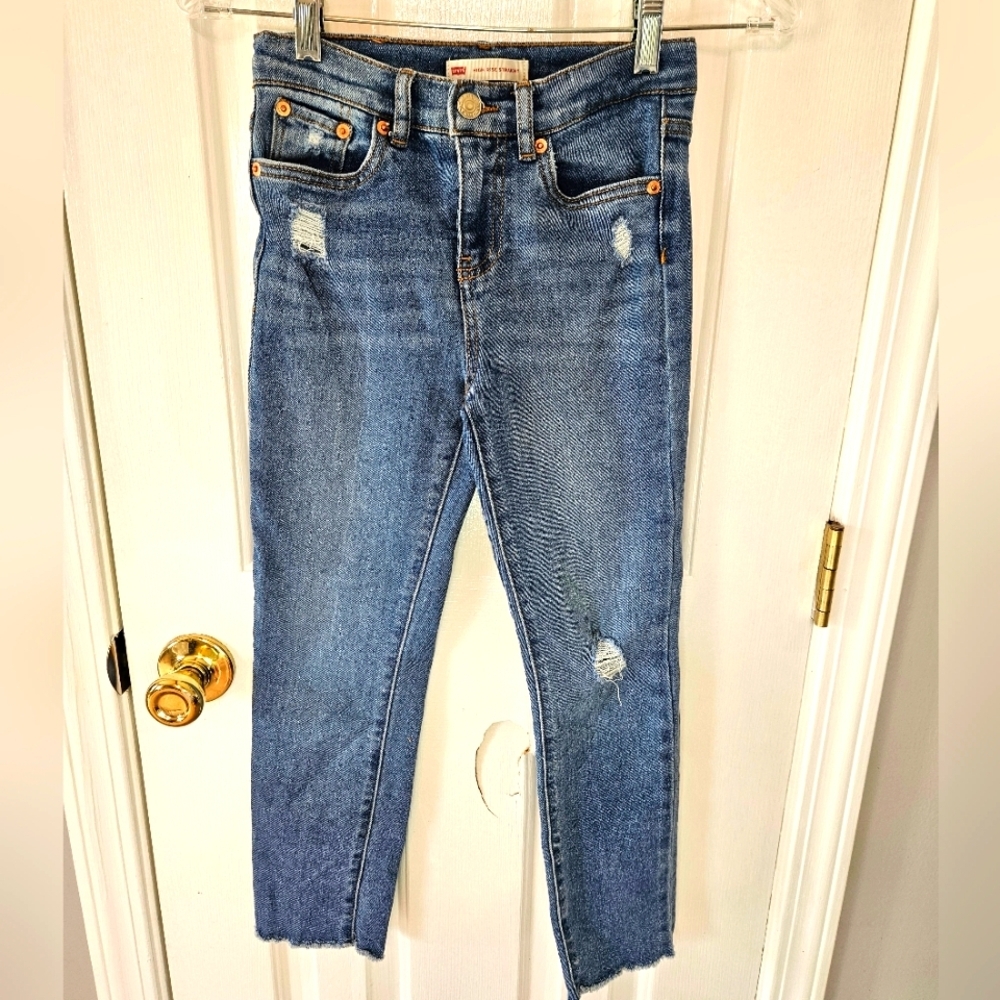 Girls Levi's Blue Distressed High Rise Straight Jeans Size 8 Waist Drawstraps